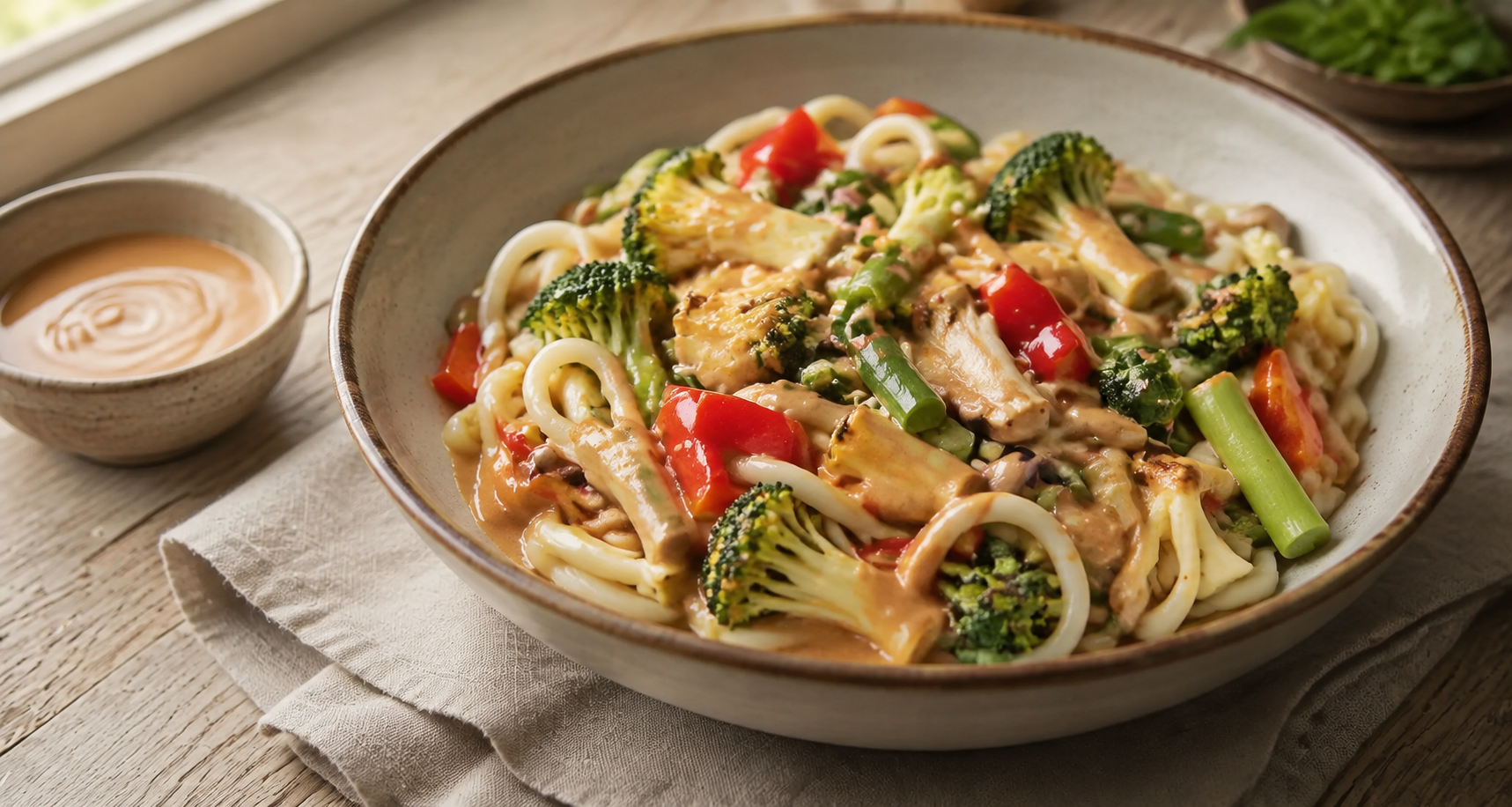 Udon-Nudeln mit Erdnusssoße