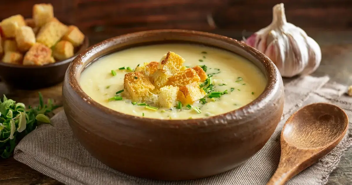Knoblauchsuppe mit Parmesan und knusprigen Croutons