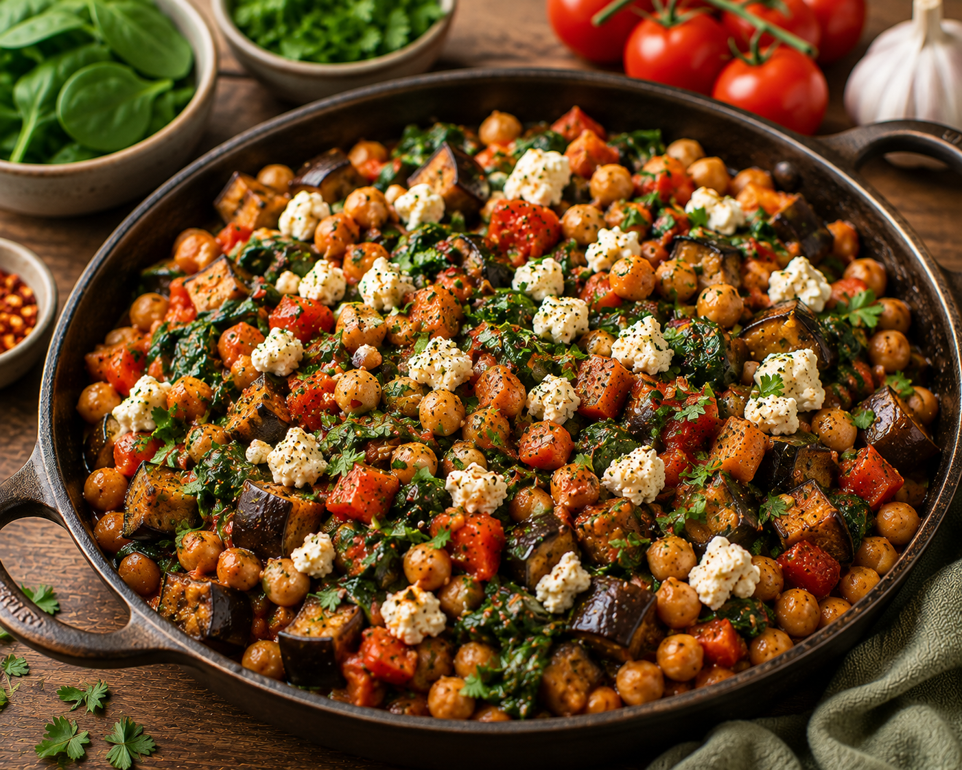 Kichererbsen-Tomaten-Pfanne mit Aubergine & Spinat